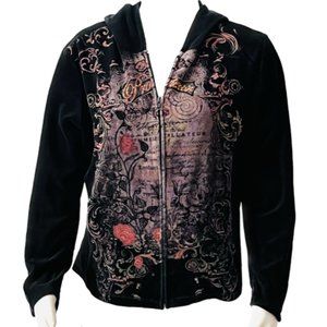 Vintage 90's Black Velvety Zip Hoodie With Front Design (L) Excellent Condition